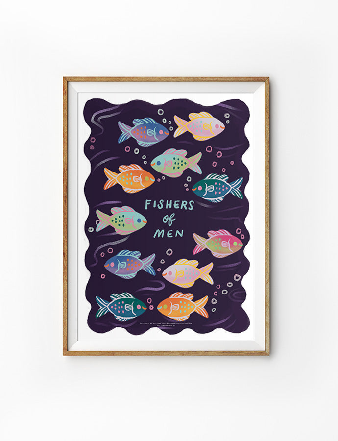 Colorful faith-based poster featuring a school of vibrant, patterned fish swimming against a deep blue background. This visually engaging design represents unity and diversity in faith, with each fish uniquely adorned in bright hues and intricate patterns, symbolizing hope and spiritual harmony.