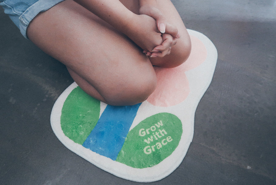 Christian-inspired kawaii welcome mat with flower motif