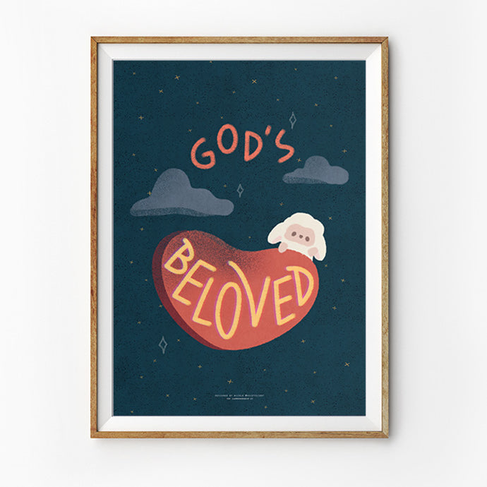Faith based poster featuring the phrase 'God's Beloved' in bold, stylized typography within a heart shape. The design is set against a deep blue background with illustrated clouds, evoking a sense of peace and devotion. It also has a sheep on top of the heart. The poster is framed in a simple wooden frame, enhancing its warmth.
