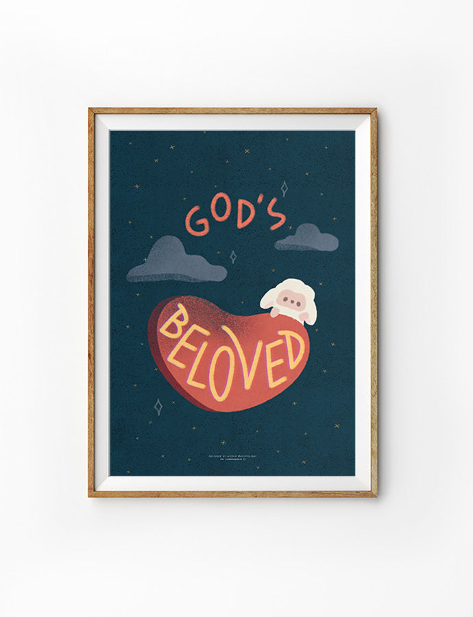 Faith based poster featuring the phrase 'God's Beloved' in bold, stylized typography within a heart shape. The design is set against a deep blue background with illustrated clouds, evoking a sense of peace and devotion. It also has a sheep on top of the heart. The poster is framed in a simple wooden frame, enhancing its warmth.