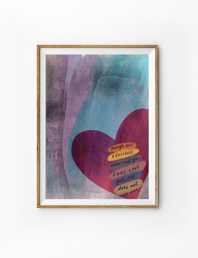 A modern Christian gift featuring an abstract painting of a vibrant heart in purple and blue tones, framed in a gold-colored frame. The heart is adorned with a C.S. Lewis quote: 'Though our feelings come and go, God's love for us does not.' Perfect for contemporary Christian home decor.