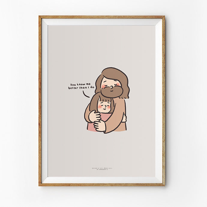Framed illustration of Jesus hugging a person with the comforting message 'You know me better than I do,' in a gentle and warm design.