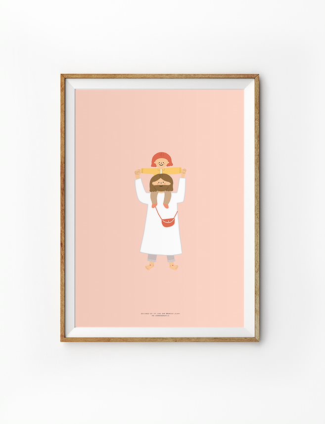 Faith based poster featuring a minimalist design of Jesus wearing a white robe, set against a soft pink background, framed in light wood. Jesus serene expression and gentle colors contribute to a sense of peace and spirituality.