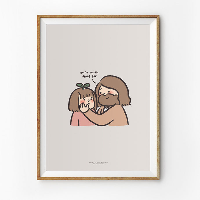 Framed illustration of Jesus gently holding a child's face, with the message 'You're worth dying for,' conveying love and value.