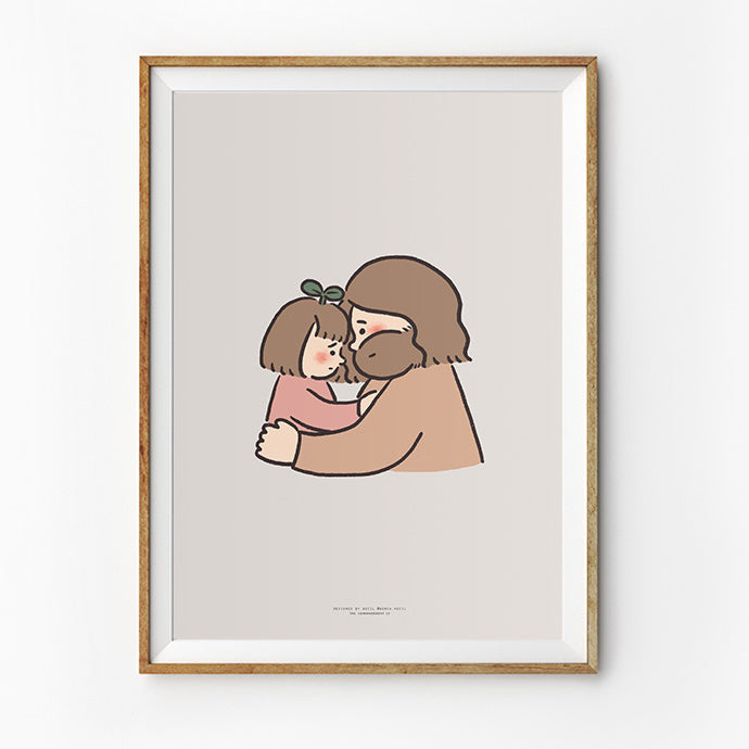 Framed minimalist illustration of Jesus embracing a child, symbolizing comfort and unconditional love.