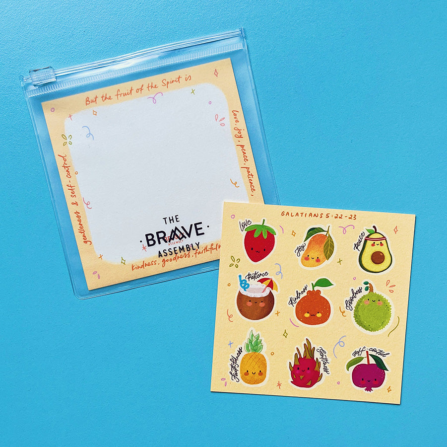 Peace Avocado keychain packaging card with faith-inspired fruit design.
