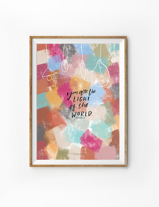 Christian faith poster with colorful abstract background and hand-drawn light bulbs, featuring the Bible verse 'You are the light of the world' from Matthew 5:14. Inspirational Christian wall art for home decor and gifts.