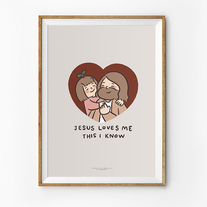 Illustration of Jesus with a child, embraced by a heart shape, captioned 'Jesus Loves Me This I Know' for a comforting message.