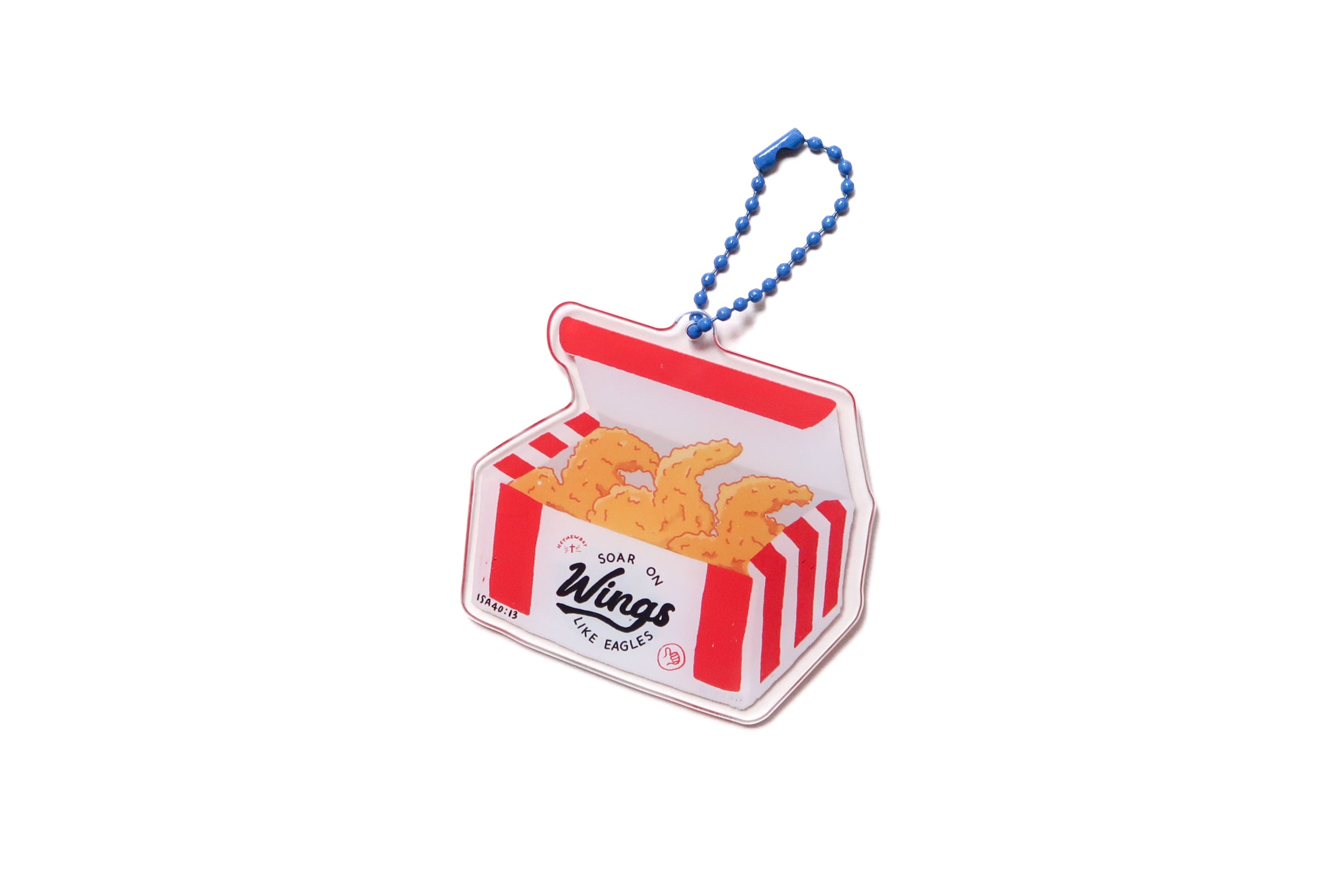 ‘Soar on Wings’ acrylic keychain shaped like a red-and-white fried chicken box with illustrated chicken wings inside, attached to a blue beaded chain.