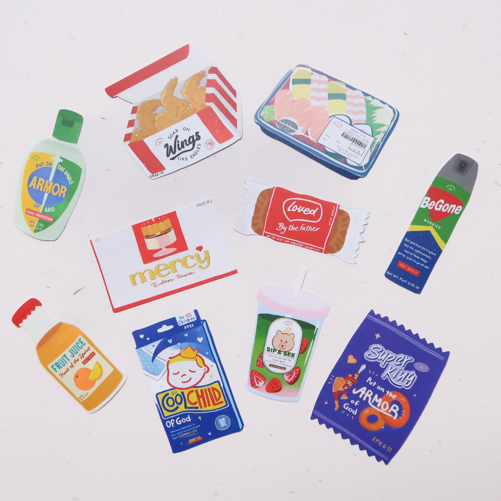 Love Supermarket Christian vinyl sticker pack featuring 10 faith-based, food-inspired designs with encouraging messages and playful supermarket-style illustrations.