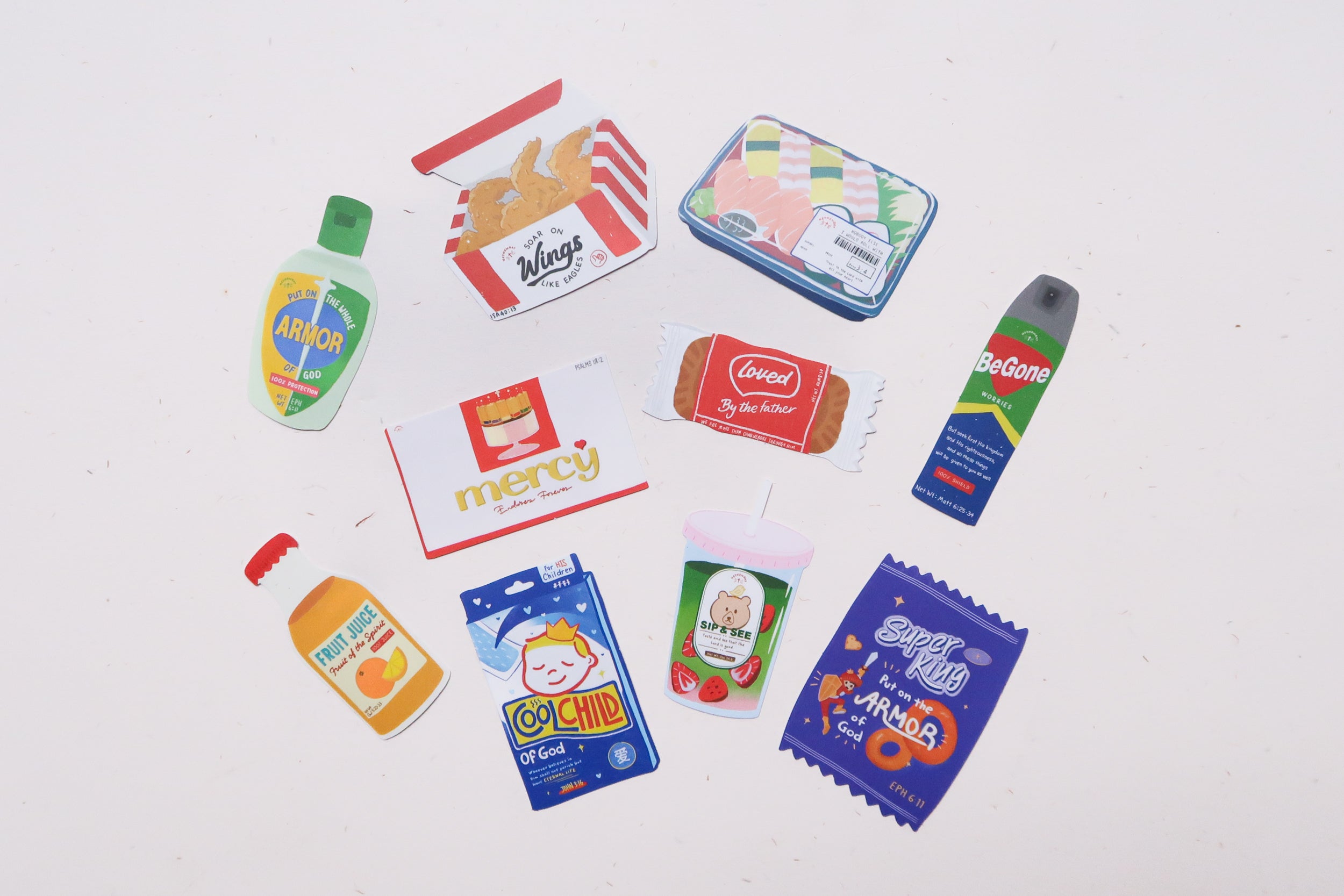 Love Supermarket Christian vinyl sticker pack featuring 10 faith-based, food-inspired designs with encouraging messages and playful supermarket-style illustrations.