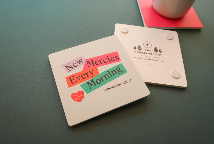 Modern Faith Coasters: Wooden squares with vibrant Christian patterns, great gift options.