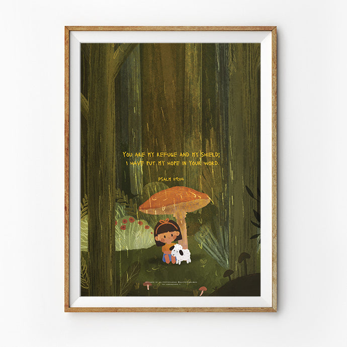 A framed Christian art print showing a child sitting under a large mushroom, holding a sheep, with the Bible verse Psalm 119:114: 'You are my refuge and my shield; I have put my hope in your word.' The scene is set in a peaceful, green forest, conveying comfort and faith.