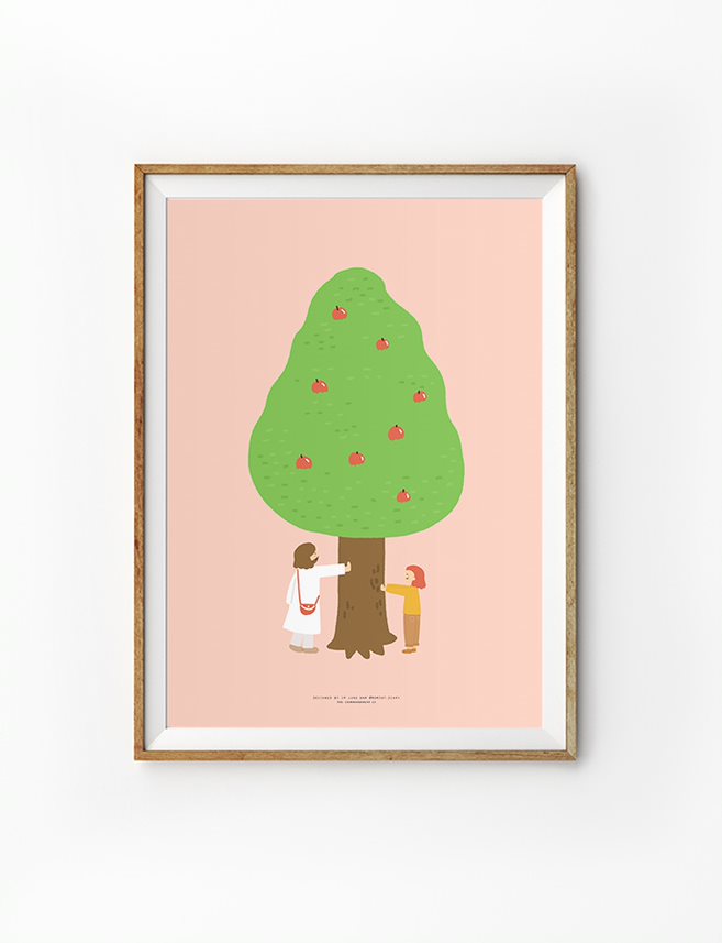 Faith based poster featuring a charming illustration of a green tree with Jesus and a girl underneath, set against a soft pink background, all enclosed in a simple wooden frame.