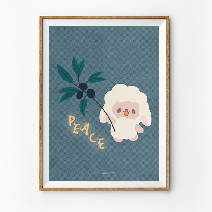 Faith-based poster featuring an adorable sheep, set against a calming blue background. The sheep is holding a branch, conveying a sense of peace and spiritual reflection. Ideal for enhancing serene and inspirational environments.