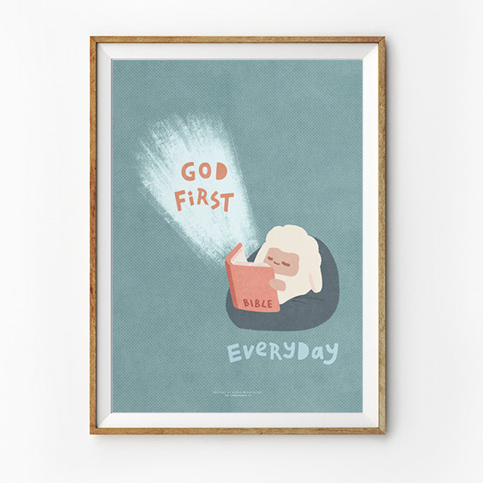 Faith based poster featuring a sheep reading a bible emitting a soft, radiant light on a teal background. The text "God First" is prominently displayed above the book, symbolizing spiritual enlightenment and guidance. The warm glow conveys a sense of hope and inspiration, inviting viewers to explore deeper faith-based knowledge