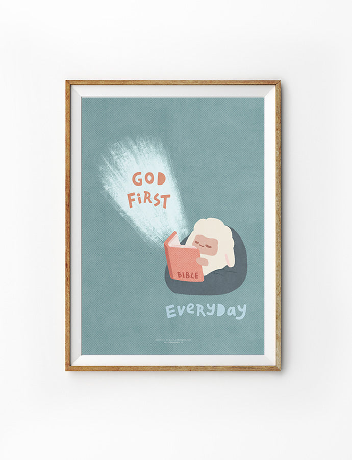 Faith based poster featuring a sheep reading a bible emitting a soft, radiant light on a teal background. The text "God First" is prominently displayed above the book, symbolizing spiritual enlightenment and guidance. The warm glow conveys a sense of hope and inspiration, inviting viewers to explore deeper faith-based knowledge