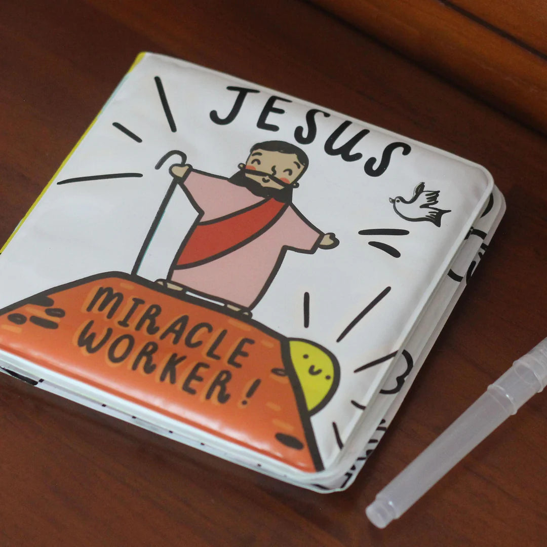 Reusable water-reveal bath book featuring Jesus as a miracle worker for toddlers