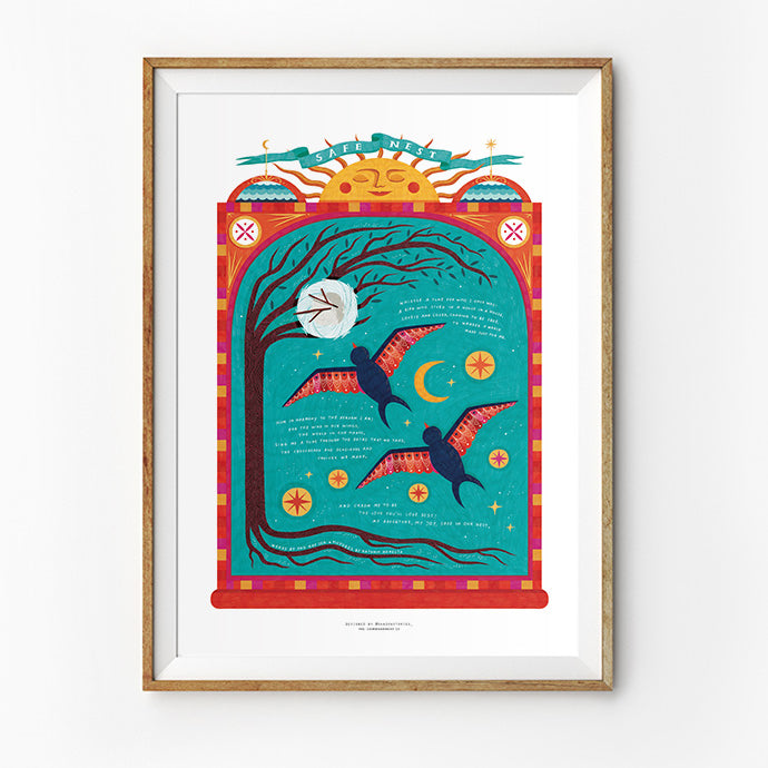 Colorful framed artwork featuring a vibrant design of birds, a tree, and celestial elements with the text 'Safe Nest' at the top.