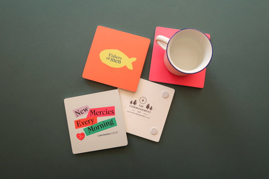 Sacred Symbol Coaster: Wooden square coaster set featuring vibrant Christian designs.