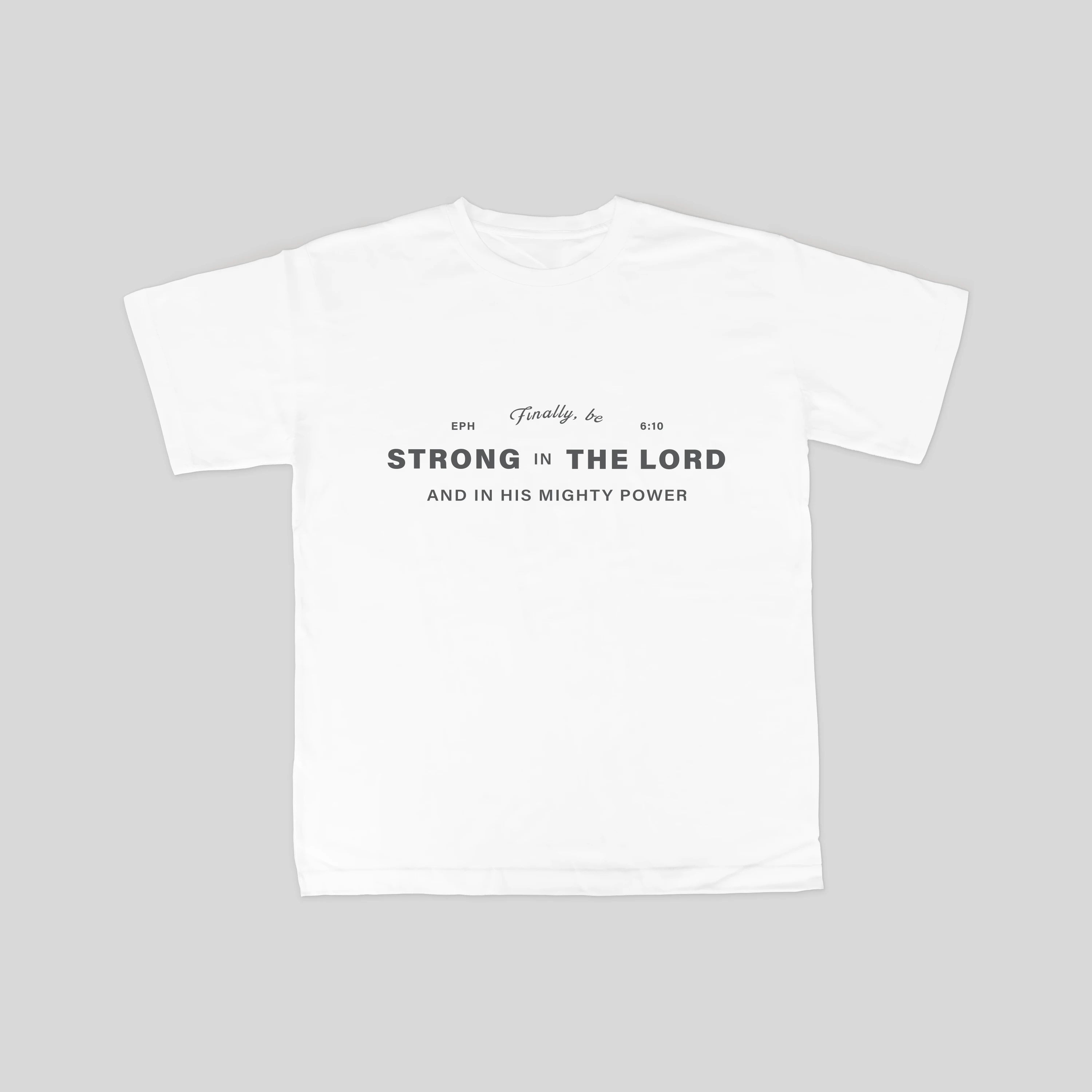 Christian 'Strong in the Lord' Tee: Modern typography design, a bold statement of faith and strength.