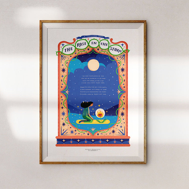 Decorative art print in a wooden frame, showcasing a poetic scene titled 'The Rose in the Storm' with a woman and a glowing rose.