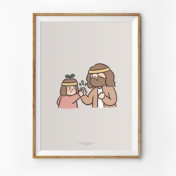 Illustration of Jesus and a child giving a high-five, both wearing headbands, symbolizing encouragement and teamwork.