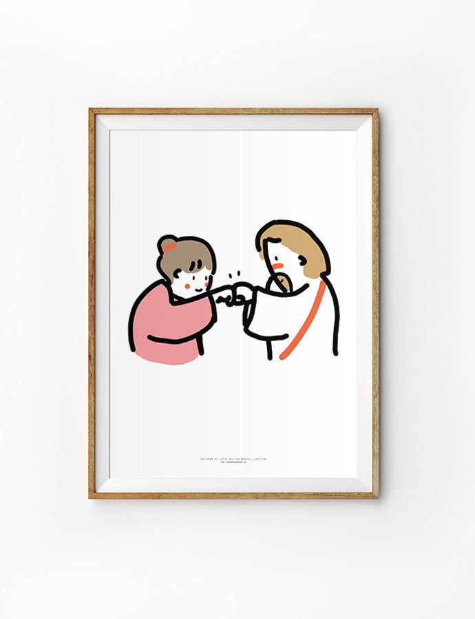 A meaningful faith-based poster illustrating Jesus and a young woman doing a fist bump, symbolizing friendship, connection, and faith. This minimalist and heartfelt Christian artwork serves as an inspirational reminder of unity with Christ.