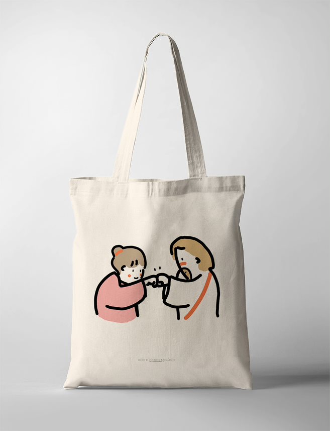 A meaningful faith-based tote bag illustrating Jesus and a young woman doing a fist bump, symbolizing friendship, connection, and faith. This minimalist and heartfelt Christian artwork serves as an inspirational reminder of unity with Christ.