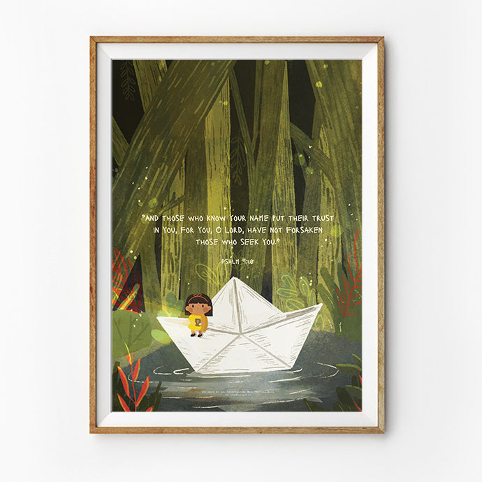 A framed Christian art print featuring a child sitting in a paper boat floating on a small stream in a forest. The text displays Psalm 9:10: 'And those who know your name put their trust in you, for you, O Lord, have not forsaken those who seek you,' highlighting themes of trust and faith.