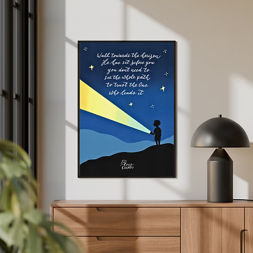 A5 Christian art print featuring a deep blue night landscape, a figure shining light toward the horizon, and the message “You don’t need to see the whole path to trust the One who leads it.”