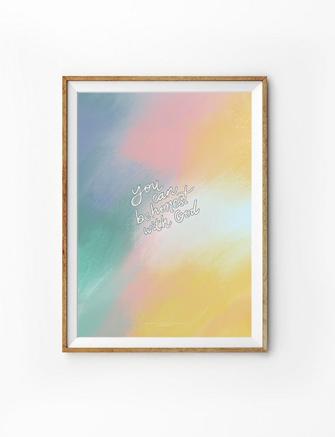 A vibrant, faith-based poster with the phrase 'You can be honest' in bold, playful typography. The design features colorful, uplifting elements symbolizing openness, encouragement, and God's grace