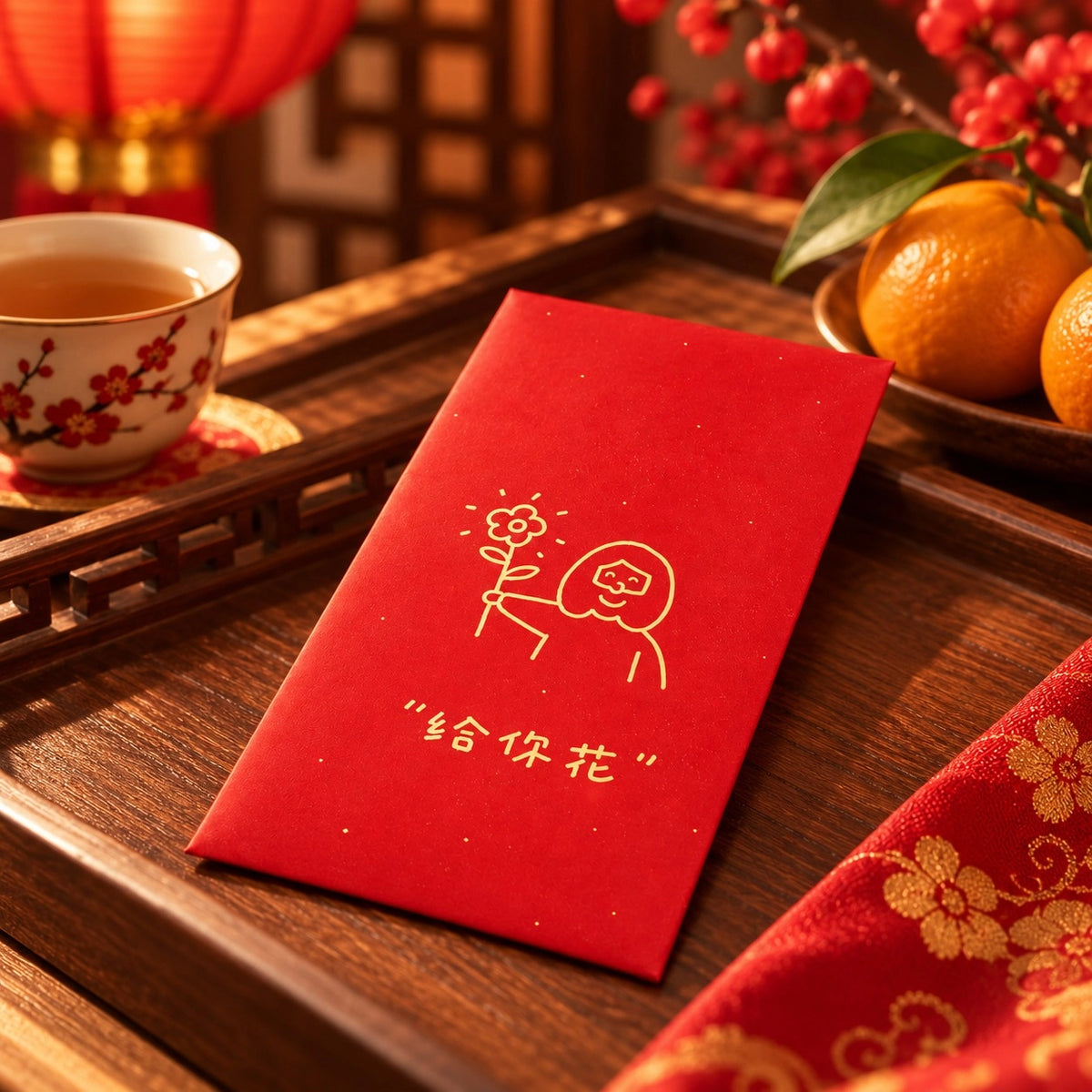 A Flower For You red packet on a wooden tray with tea and mandarin oranges in a Lunar New Year setting.