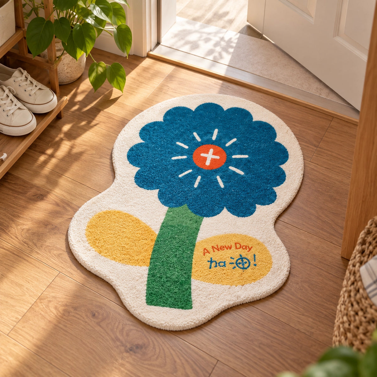 A New Day 加油 flower-shaped Christian door mat in a bright home entryway.