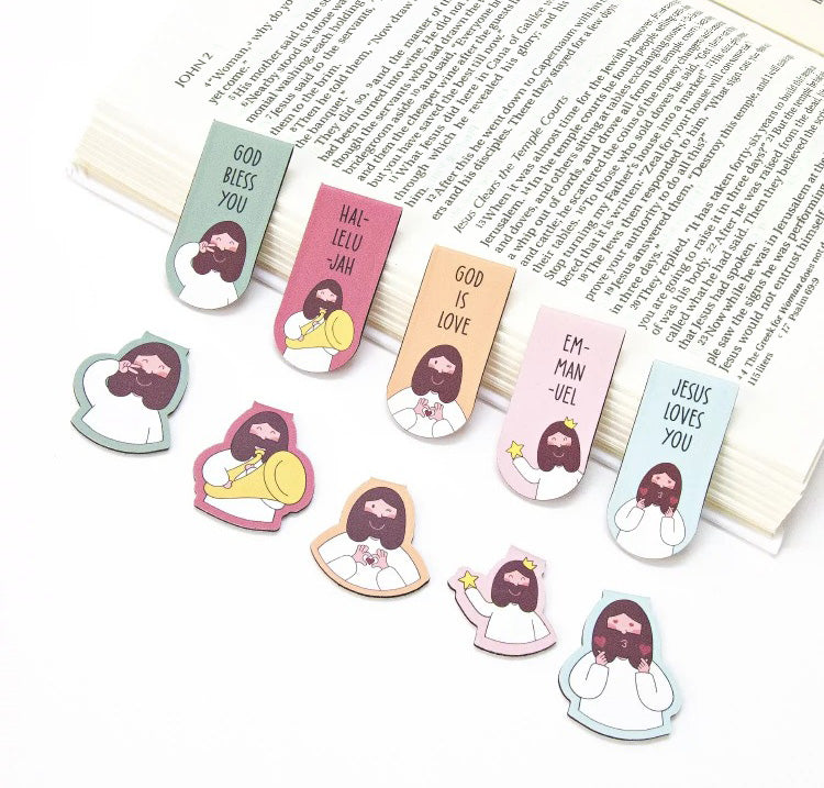 Set of colourful Christian magnetic bookmarks including the Emmanuel design.