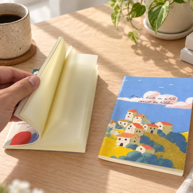 A6 Christian notebook opened to blank pages beside the A Town Built on a Hill design on a sunlit desk