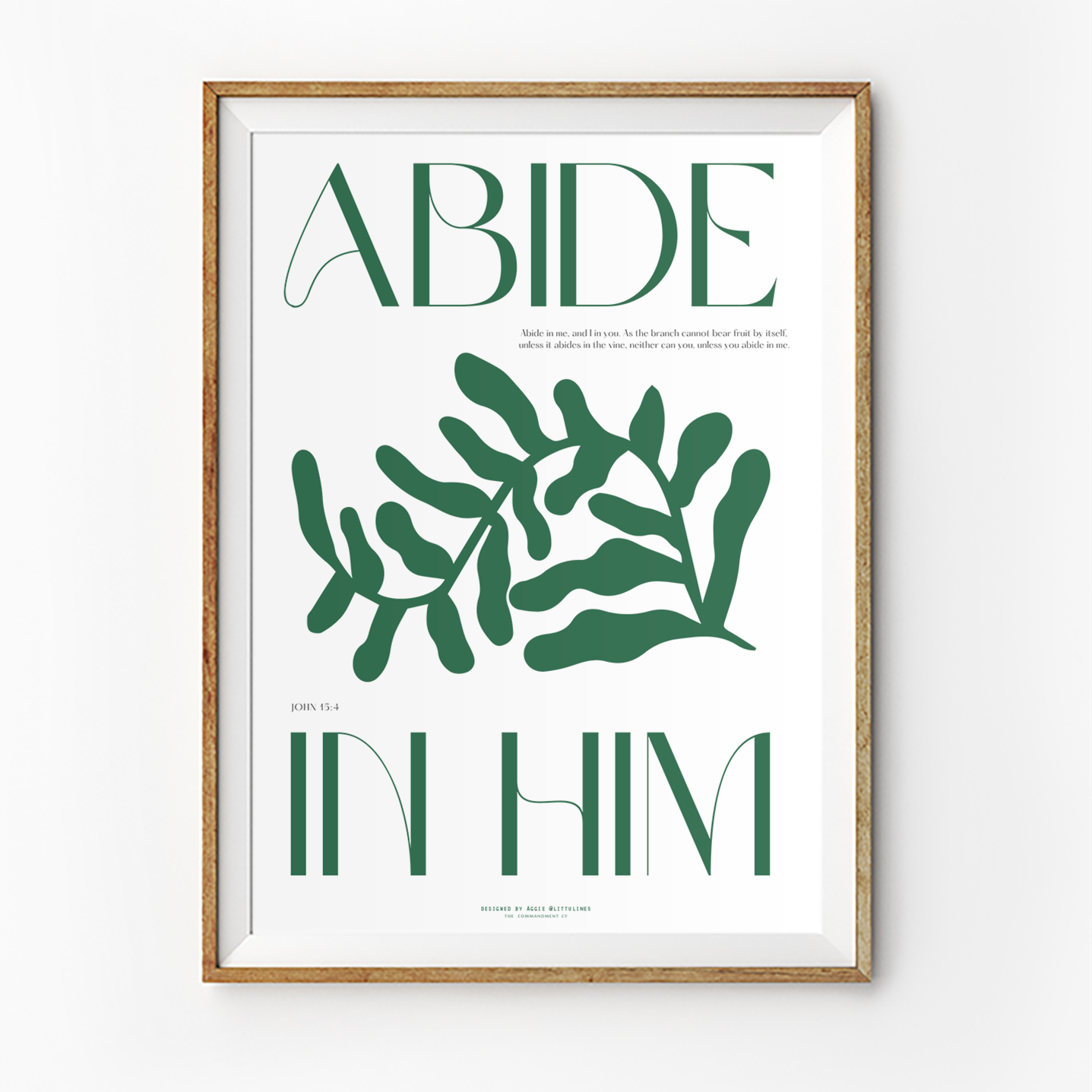 Minimalist "Abide in Him" poster by Littlulines featuring green botanical illustration and uplifting scripture, perfect for Christian home decor and simple happiness inspiration.