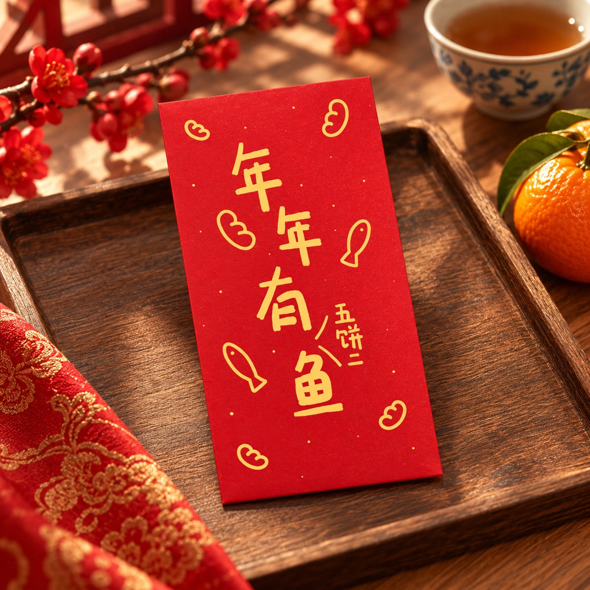 Abundance Year After Year Christian Lunar New Year red packet styled in a festive home setting.