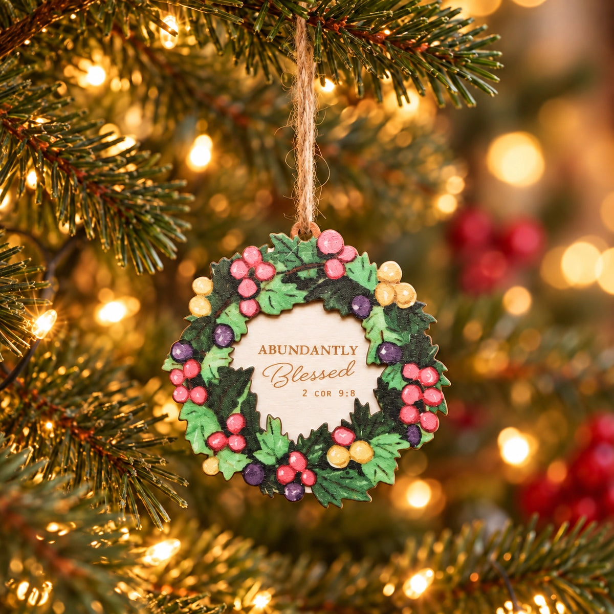 Abundantly Blessed Christian Christmas wreath ornament hanging on a warmly lit Christmas tree.