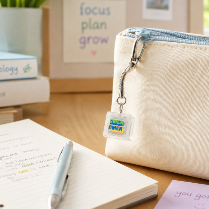 AMEN AMEN light-up keycap keychain clipped to a cream pencil pouch beside notebooks on a study desk