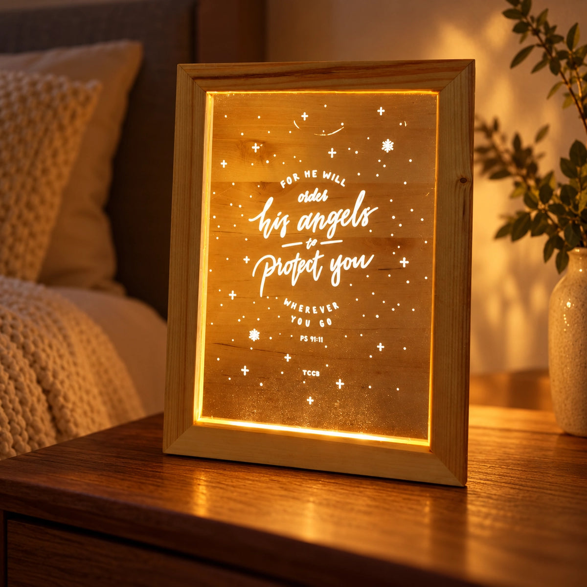 Angels Protect Psalm 91:11 Christian night light glowing on a bedside table