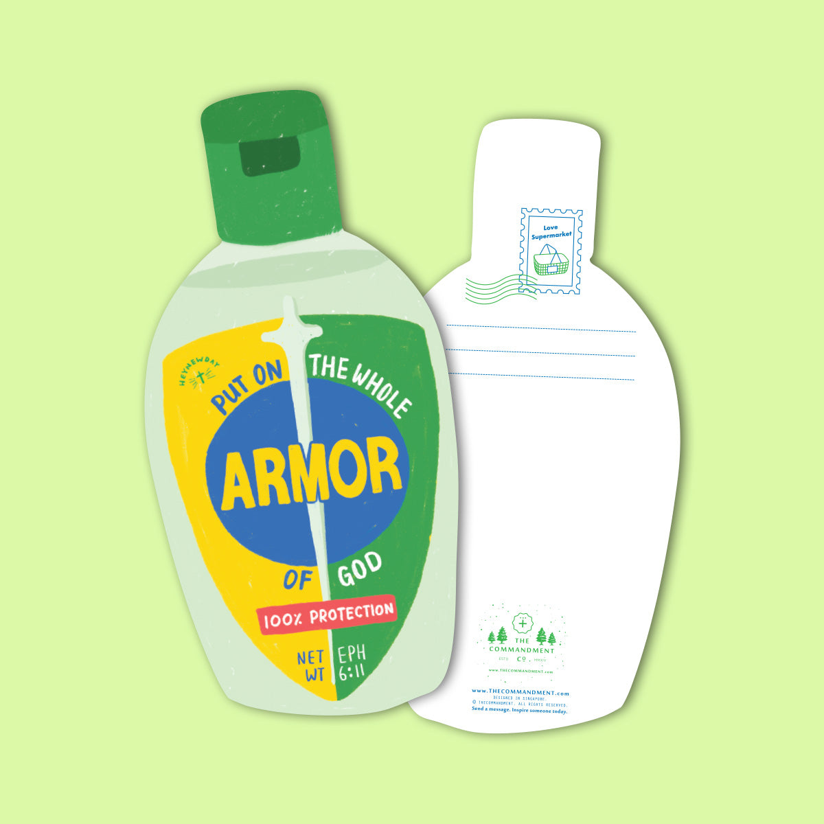 Christian postcard shaped like a hand sanitizer bottle with the label “Put on the whole armor of God” referencing Ephesians 6:11, designed in a playful illustrated style.