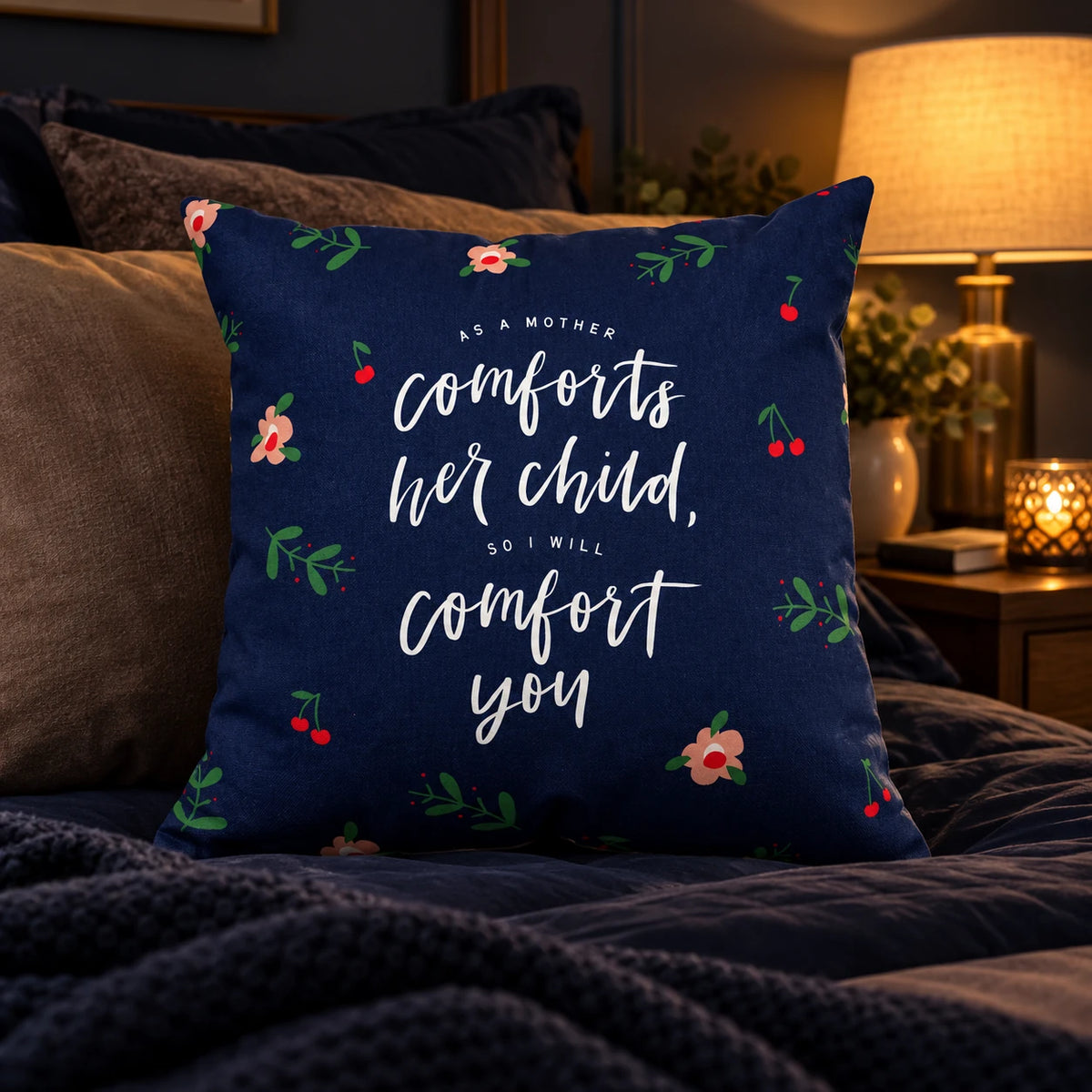 As a Mother Comforts Her Child navy cushion cover in a dark bedroom