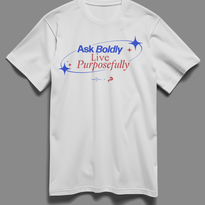 Christian youth shirt with 'Ask Boldly, Live Purposefully' message – faith-based apparel encouraging bold prayer and purposeful living through God.