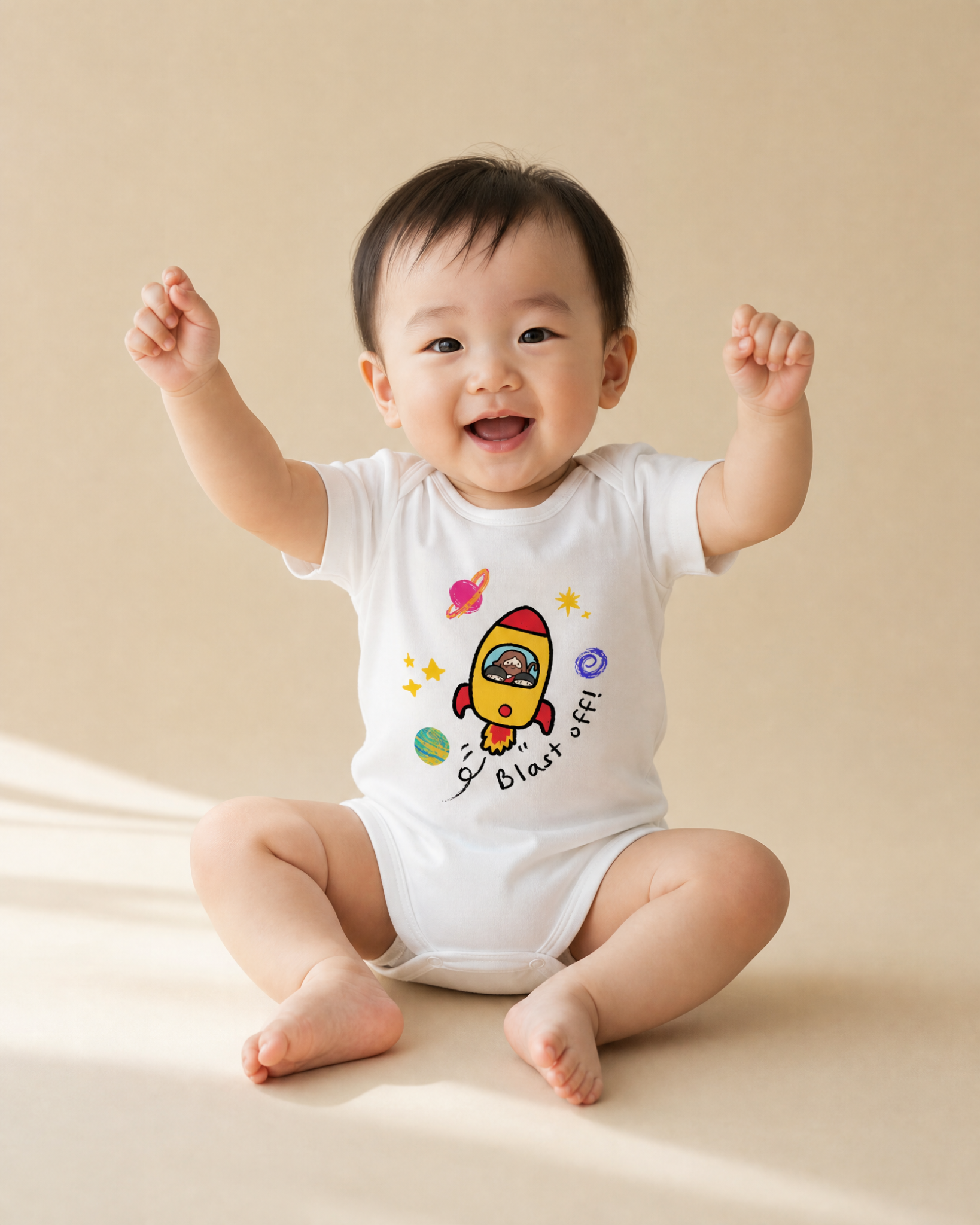 Smiling baby wearing a white Blast Off Christian romper with Jesus and children in a rocket