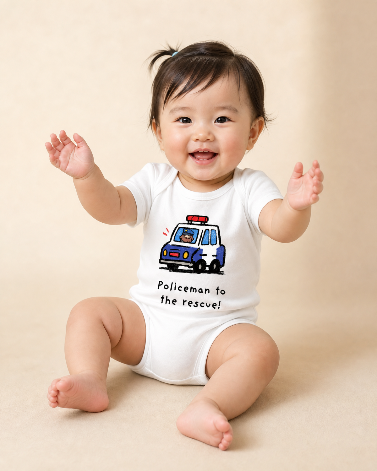 Smiling baby wearing a white Policemen to the Rescue romper with Jesus driving a police car