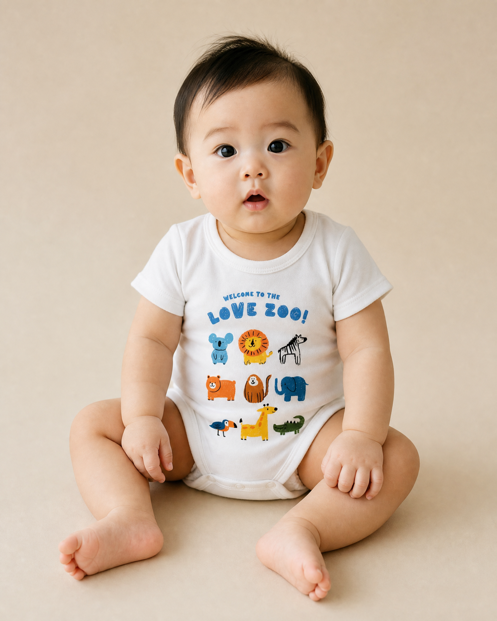 Baby wearing a white Welcome to the Love Zoo Christian romper with colourful animal illustrations