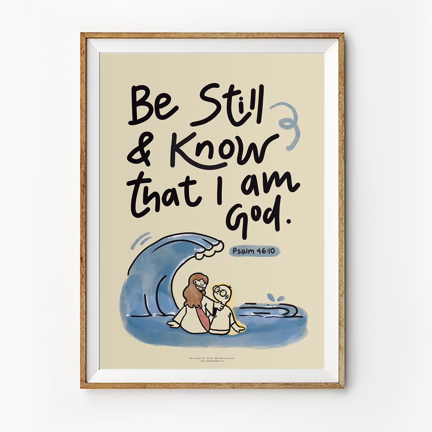 Christian art print featuring the phrase “Be Still & Know that I am God – Psalm 46:10” with an illustration of Jesus sitting beside a child near ocean waves, collaboration with myhopefulsoul.