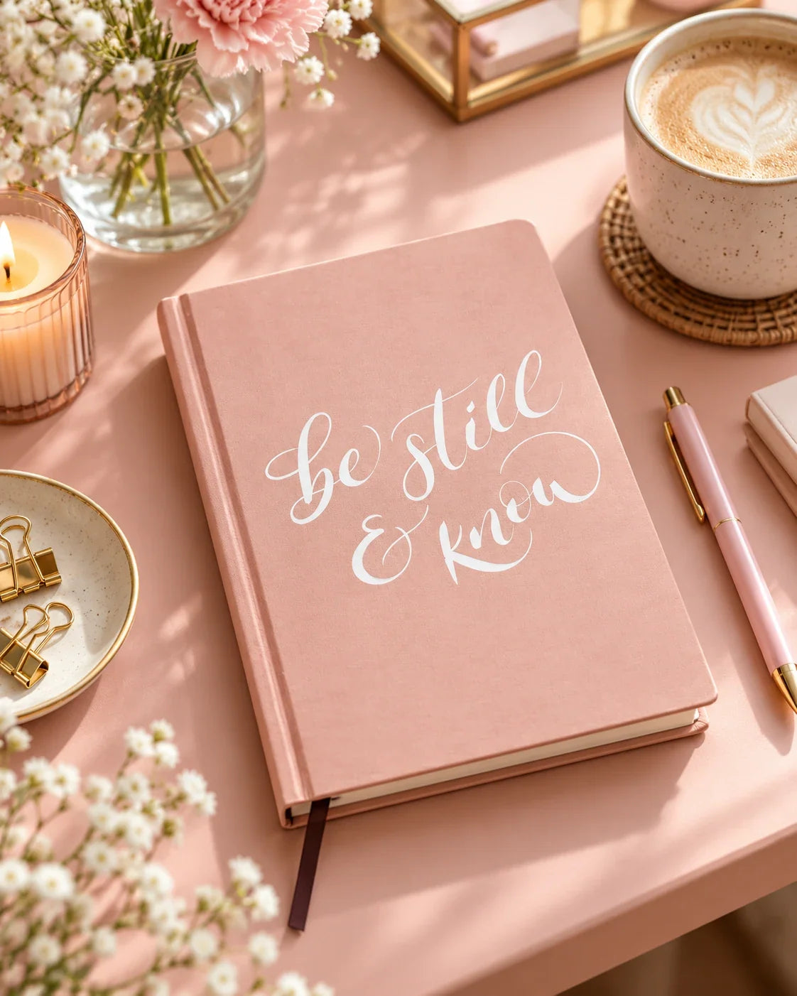 Be Still & Know journal on pink desk with coffee and flowers