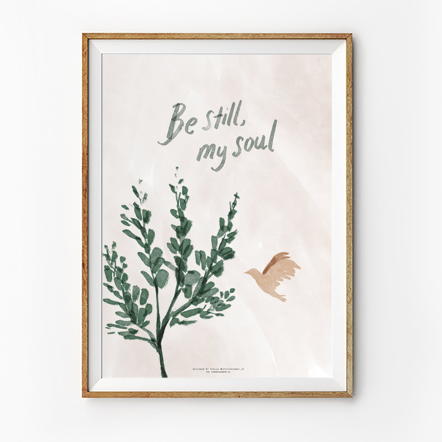 Christian poster featuring “Be Still, My Soul” with green botanical artwork and a flying bird illustration